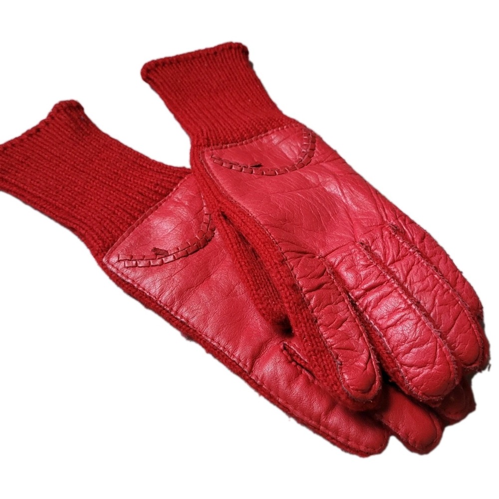 Vintage Aris Red Leather Knit Driving Gloves Winter Warm Retro Mid-Century OS